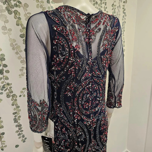 PISARRO NIGHTS Sequin Beaded Illusion Gown In Navy Sz 10 - Picture 8 of 12